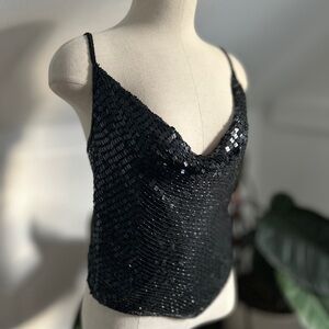 Vintage Deadstock Black Sequin Cowl Neck Halter Top